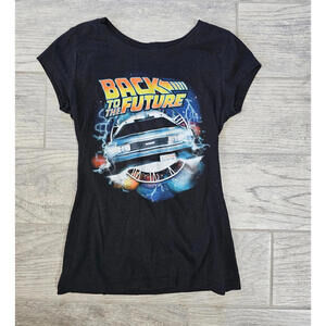 Womens Back To The Future Shirt Blouse Cap Sleeves Size Small 3-5 Black DeLorean